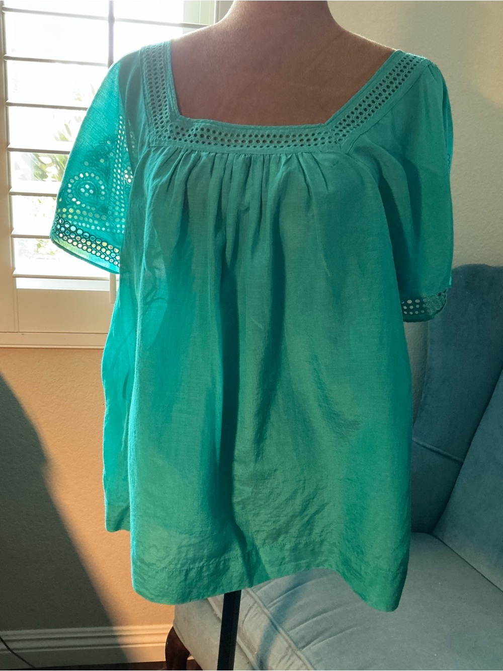 J. Crew Teal Square-Neck Eyelet Blouse